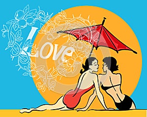 Design vector template with two gossip girls, sun, umbrella. Love doodle.