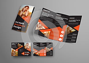 Design of a vector tri-fold brochure with orange triangular elem