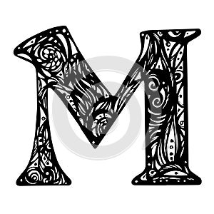 Design Vector. Vintage initials letter M Design Vector. Alphabet, Calligraphy, Typography, Monogram. Black and White ink art print