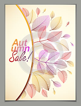 Design vertical banner with Autumn typing logo, fall red and yellow leaves frame composition background. Card for autumn