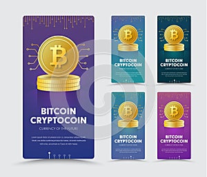 Design of a vertical web banner with a gold coin of crypto currency bitcoin on a pile.