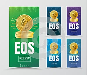 Design of vertical web banners with gold coin of EOC crypto currency and chip.