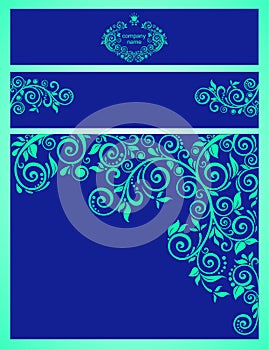 Design vintage lazuli blue templates with jade color curled floral pattern for business cards