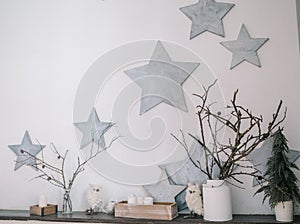 The design of the wall, the interior. Star. Dry branches Candles