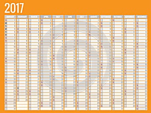 Design of Wall Monthly Calendar for 2017 Year. Week Starts sunday. Set of 12 Months.