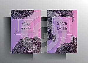Design wedding invitation postcard template. Hand drawn texture elements. Vector.