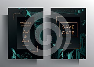 Wedding invitation design template card set. A turquoise pattern on a black background is manually drawn. Vector 10 EPS.