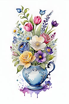A design with a white background and water color, flowers in vase with splashes of paint, clipart, meutral, floral art, fantasy