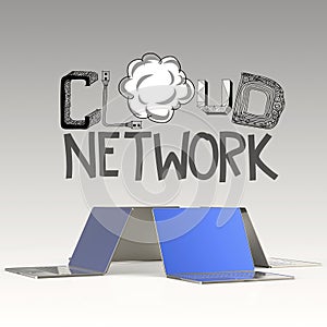 Design word hand drawn CLOUD NETWORK and 3d laptop