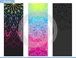 Design yoga mat. Elements of Mandala. Oriental pattern on on black, graphite and rainbow background