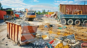 A designated area on the construction site where workers can store and efficiently dispose of excess materials to photo