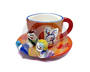 Designated Cup of tea on white background, toys on cup