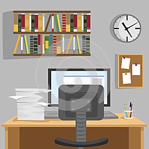 Designed modern workspace at home with desk, monitor, bookshelf, wallclock and pile of papers photo