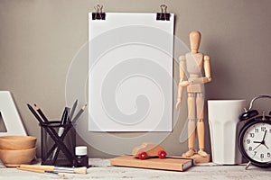 Designer artistic desk website header hero image with blank poster