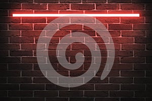 For designer background texture of empty red brick wall with red neon light lamp, 80s style glow photo