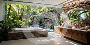 Designer bathroom with large white bathtub. Generative AI