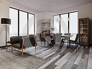 Designer black leather armchair near the dining table with chairs in the dining room. Sulfur floor lamp with sideboards for dishes