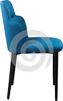 Designer blue dining chair on black metal legs. Modern soft chair isolated on white background.