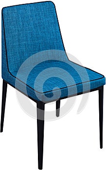 Designer blue dining chair on black metal legs. Modern soft chair isolated on white background.