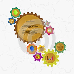 Designer color infographics of colored gears of different colors and sizes, with different icon and label background with gray con