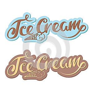 Designer color lettering Ice cream in two color schemes of chocolate, cream, caramel. Isolated objects on white background