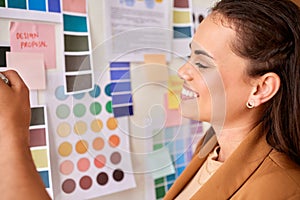 Designer, color palette and woman planning creative project, startup brand development and moodboard inspiration. Ideas