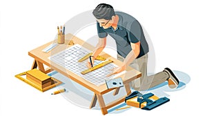 Architect Drawing Blueprint on Grid Paper at Desk with Tools