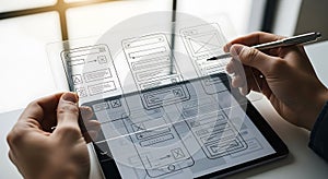 Designer creating user interface wireframes on a tablet with a stylus for app development