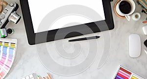 Designer creative studio with blank screen tablet
