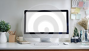 Designer desktop with empty white computer screen