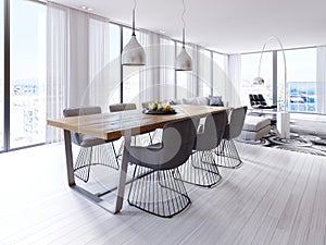 Designer dining table in the loft-style apartment with large hanging lamps, hardwood tabletop, creative chairs