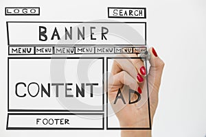 Designer drawing website development wire frame. Structure of we
