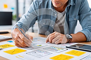 Designer drawing wireframes for user interface and experience