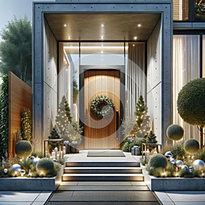 Designer Front Wood Entrance Door Home Decorations Christmas Holiday Celebrating Season Wreath AI Generate Upscale Modern
