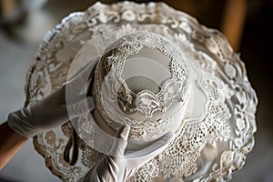 designer hat with intricate lace detail held by gloved hands