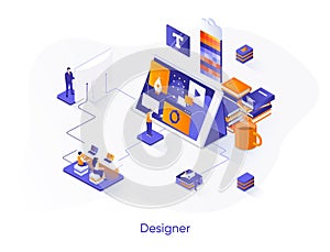 Designer isometric web banner. Website development, UI UX design isometry concept. Product branding 3d scene, creativity and ideas