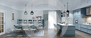 Designer large kitchen with dining area in a trendy style, interior color faded coral