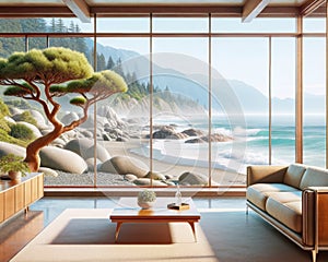 Designer Luxury Oceanfront Property Vintage Retro Mid-Century Modern Home House interior Living Room Scenic Ocean AI Generated