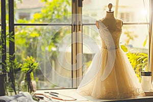 Designer measuring textile material, mannequin in the window