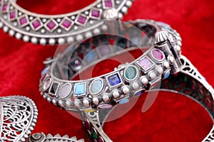 Designer oxidize bangles, German Silver bangles, bangles made with metal, displayed in a shop