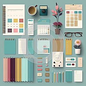 Designer place of work with tools and elements office supply. Generative Ai