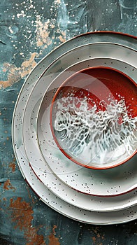 Red and white designer plate with water