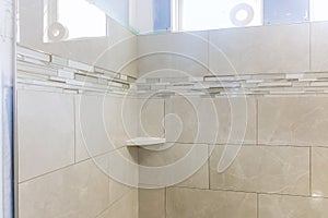 Designer renovation construction bathroom with bath tub shower
