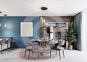 Designer round dining table with four chairs and a chandelier above the table in the interior of a modern kitchen