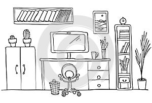 Designer`s desk at home office, work space. Computer, office interior. Black and white
