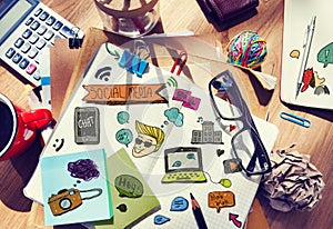 Designer's Table with Social Media Notes and Tools