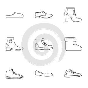 Designer shoes icons set, outline style