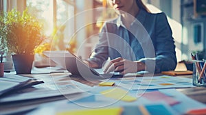 A designer sketching ideas on a tablet while seated at a workspace cluttered with creative materials during the afternoon