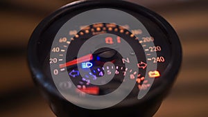 Designer speedometer with flashing arrows, safe driving concept, no overspeed