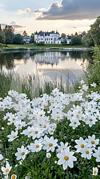 Designer stands by a tranquil lake featuring a castle, summer greenery, and vibrant skies reflecting on the water's photo